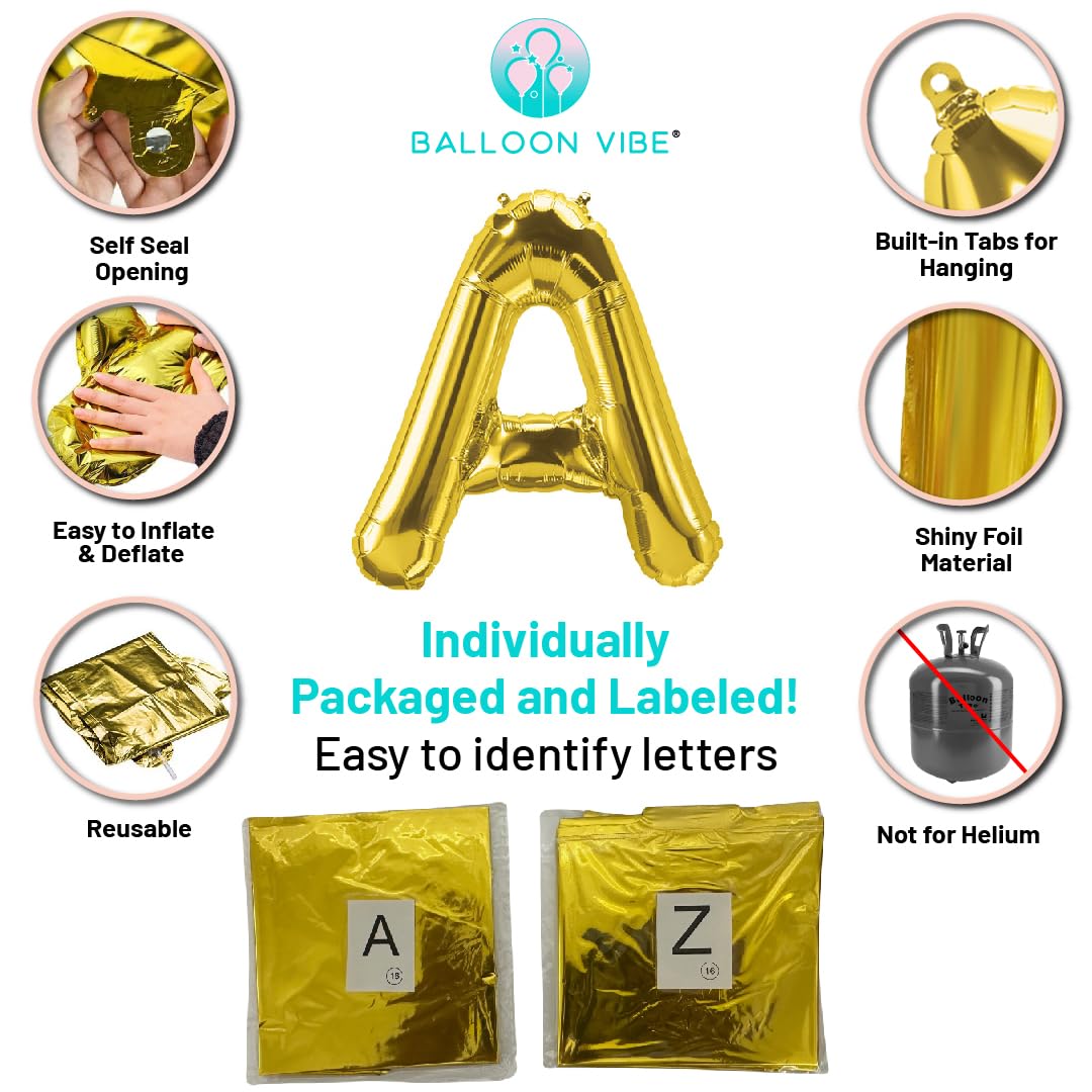 BALLOON VIBE Letter Balloons 16 Inch - Custom Phrase Alphabets & Numbers Foil Mylar Balloons with Straws, Ribbon and Adhesive Dots - Create Your Own Banner for Birthday, Baby Shower - 11 Colors