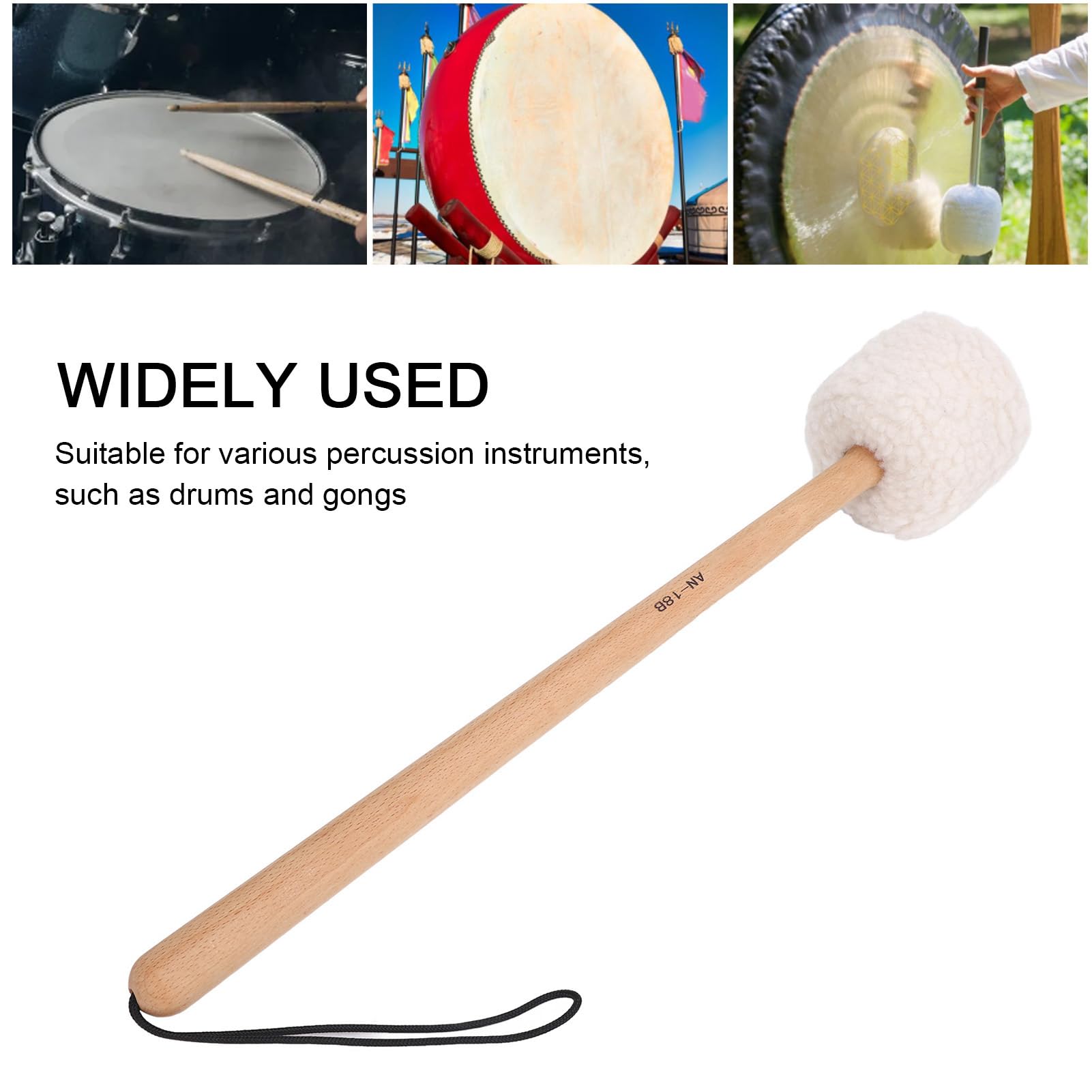 Maillet en Laine, Manche en Bois de Hêtre, Grand Bâton de Tambour avec Corde de Queue Noire Sécurisée pour Tambours Gongs