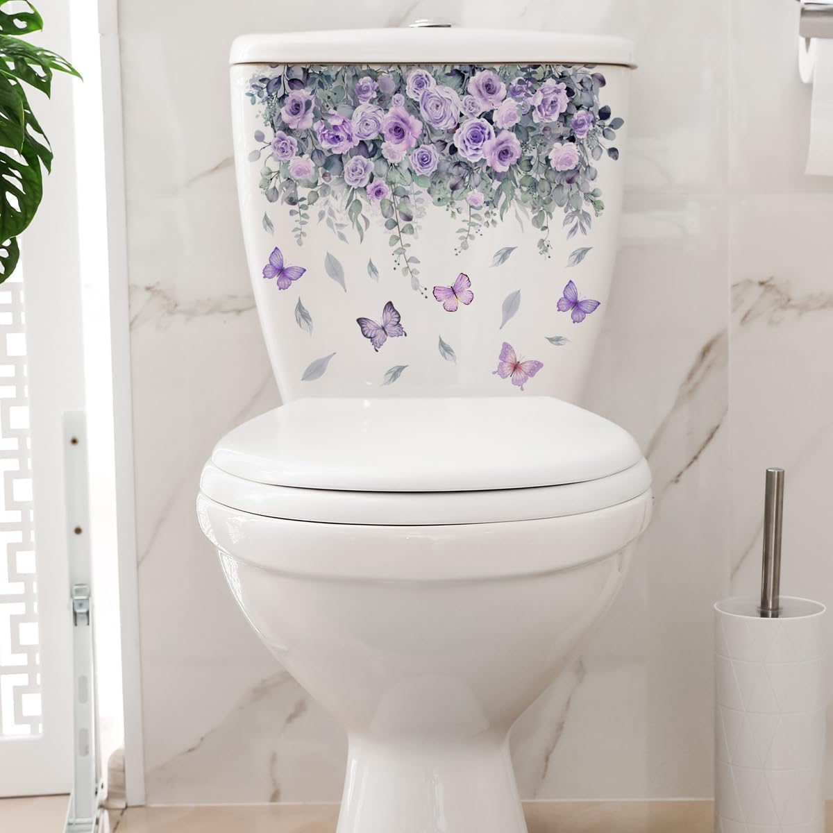 Botanical Bathroom Stickers with Purple Roses, Waterproof Removable Decals for Toilet Lid Decor, Floral Butterfly Home Upgrade, Rental Friendly Adhesive Art (3.5x3.5 Inch)