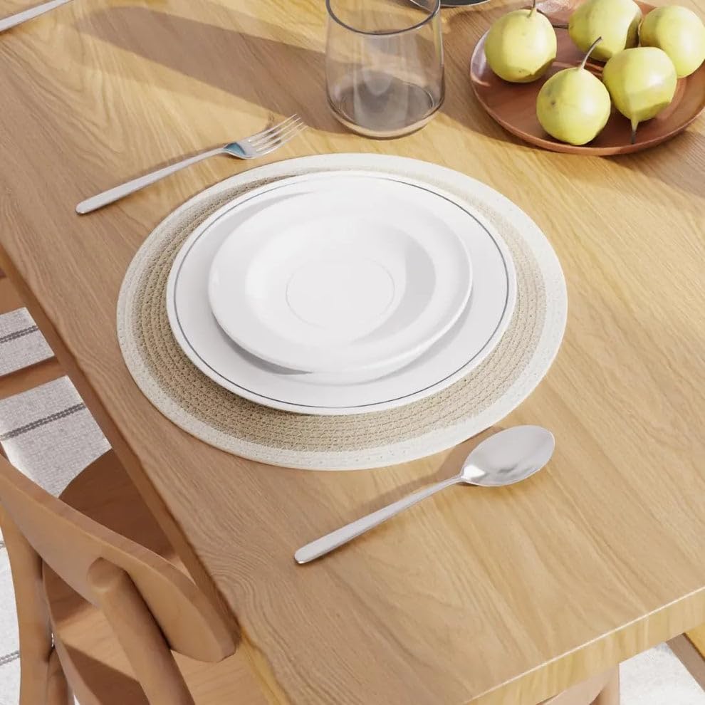 Image of Cotton Rope Placemats, Round Red with White Border, Set of 4, Heat Resistant Table Mats (Beige White)
