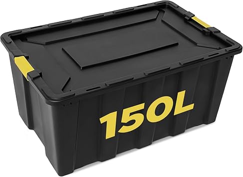 Large Plastic Storage Box with Lid - 150 Liters Capacity - Heavy Duty Black Container 36.2 x 22.8 x 16.5 in  92x58x42 cm with Lockable Feature, Handles, and Strong Clips for Garage, Attic, Shed