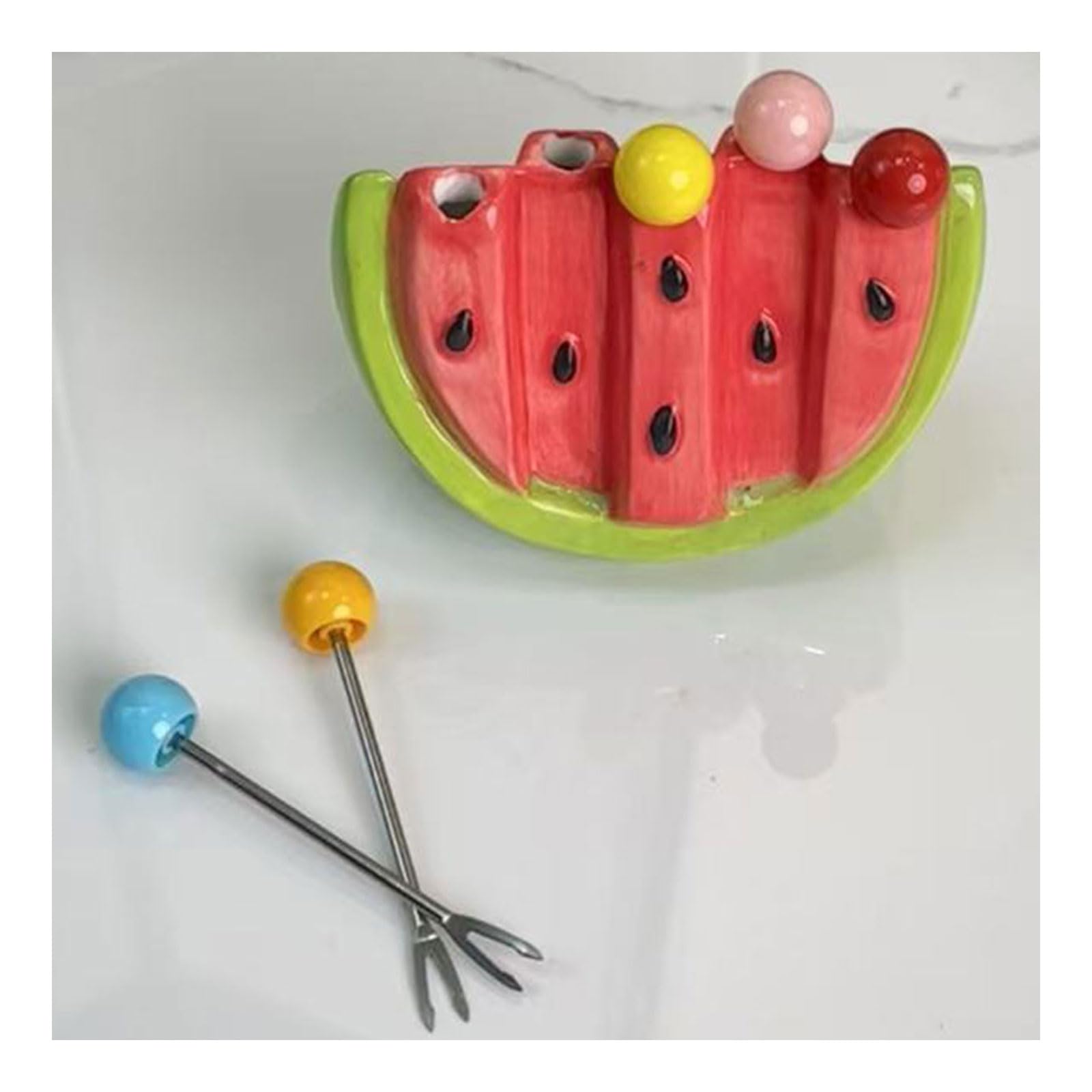 5 Fourchettes à Fruits Dessert en Acier Inoxydable avec Boîte Céramique Pastèque, Fourchettes Pique-Nique Mignonne Décorative pour Cuisine, Fête, Familles, Restaurants