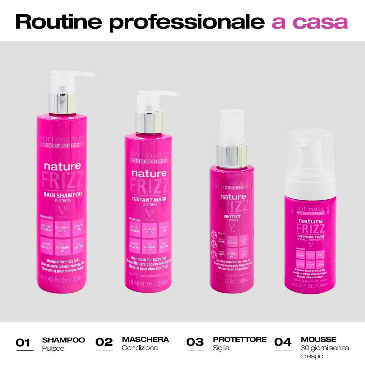 abril et nature - Set di Cura Capillare Professionale Anti-Frizz - Idrata e Mantiene i Capelli Lisci - Pack Shampoo, Maschera e Siero per Capelli Crespi - Capelli Più Morbidi e Brillanti - 550 ml