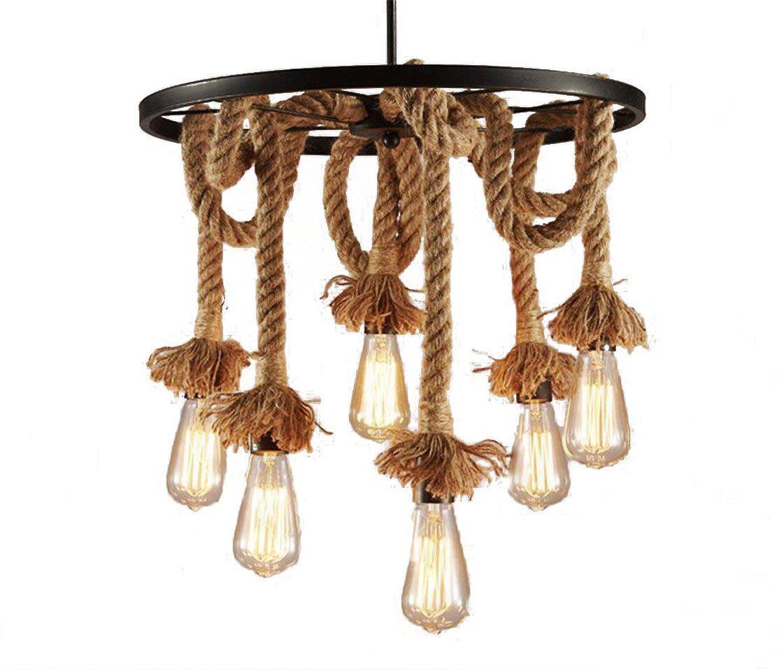 Lustre rétro corde de chanvre rompre la monotonie éclairage rustique chaleureux 6 E27 - 7
