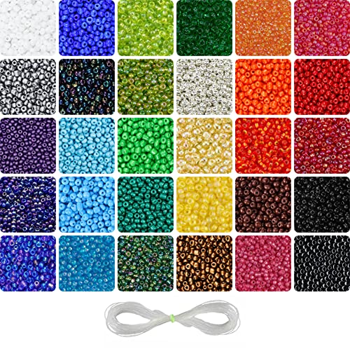 Image of INDIKONB 30 Colours 3 mm Seed Beads Jewellery Making Material - Includes Small Multicolor Seed Beads & Nylon Wire Thread