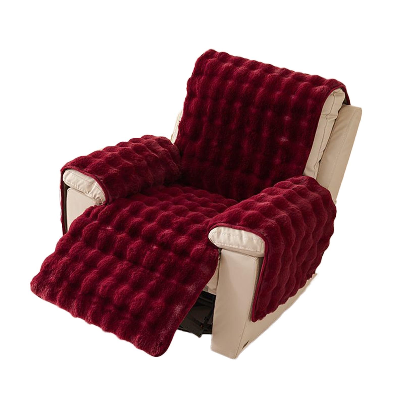 LHTCCSHL Plush Recliner Chair Cover, Faux Fur Recliner Slipcover Couch Cover Armrest Covers Headrest Cover for Sofa Recliner Protector Thick Shaggy Fuzzy Chair Slipcover(Wine Red)