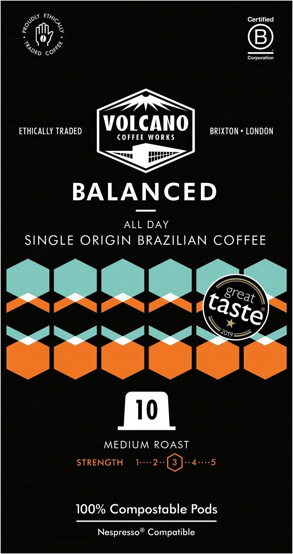Volcano Coffee Works | Balanced All Day | Nespresso Compatible Eco Coffee Pods | 100% Compostable Capsules | Carbon Neutral | Brazilian Origin | 10 Pack