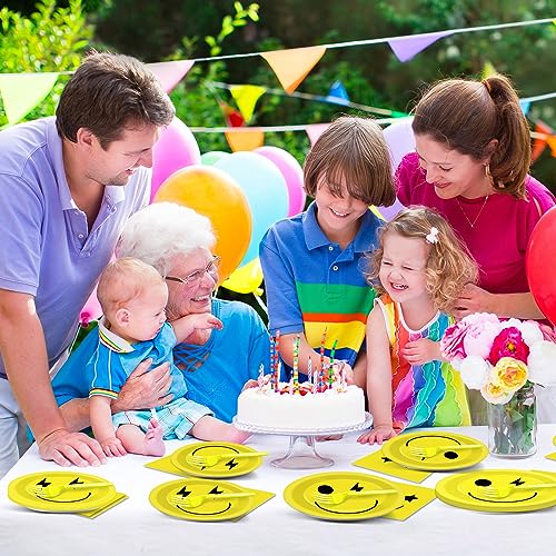 Image of 96PCS Smile Face Paper Plates and Napkins Yellow Smile Face Birthday Party Supplies for 24 Guests Preppy Disposable Dinnerware Set Preppy Cake Tableware Party Decorations for Bachelorette Baby Shower