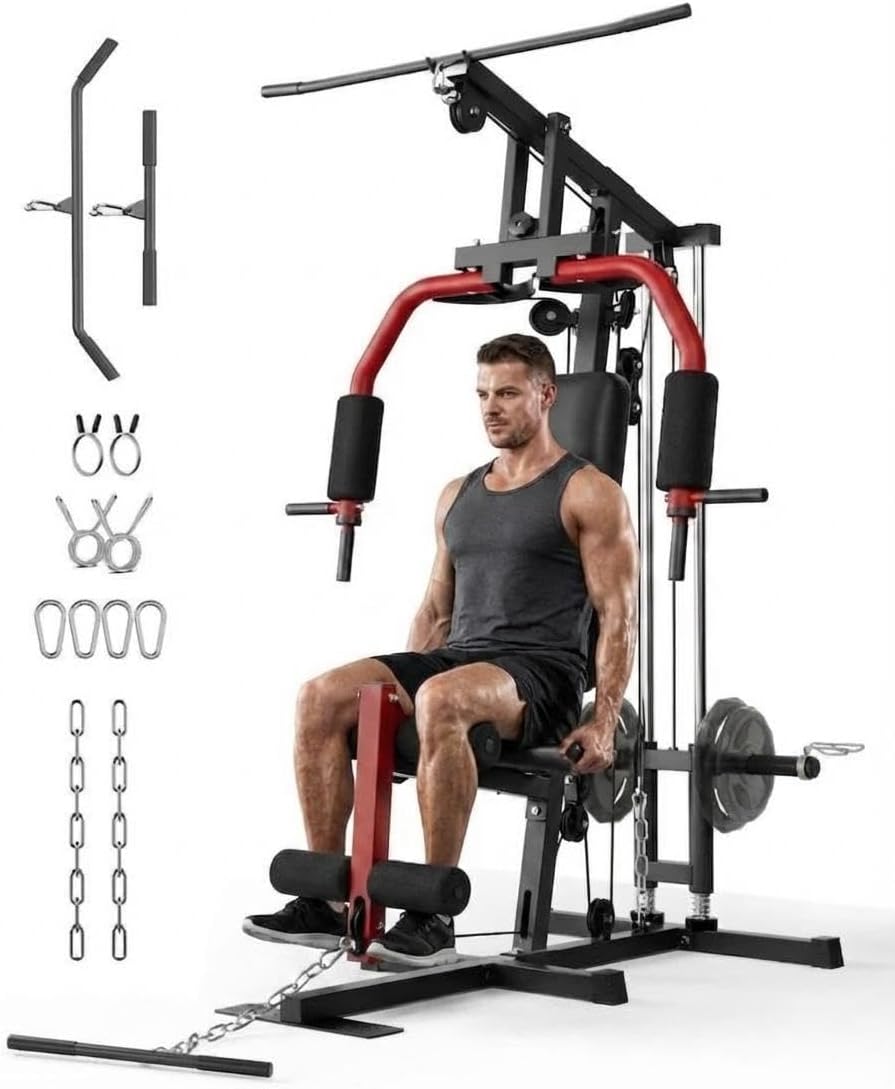 Multifunctional Home Gym Equipment, All-in-One Full Body Workout Machine with Cable Pulley System, LAT Pulldown, Chest Press, Leg Extension & Leg Press, 400LBS Capacity, Fits 1" & 2" Weight Plates, Co