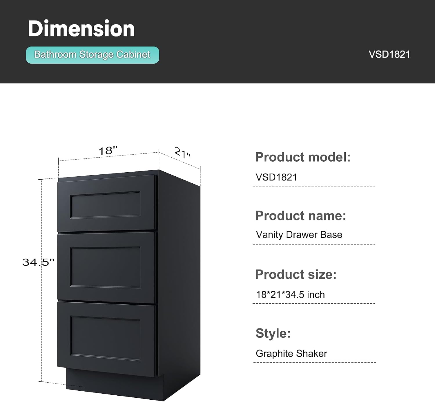 Bathroom Vanity with Drawer, Bathroom Storage Base Cabinet 18", 3 Soft Close Undermount Drawers, Shaker, RTA, Unassemble, Paint (Shaker Graphite, 21" D X 34.5" H X 18" W)