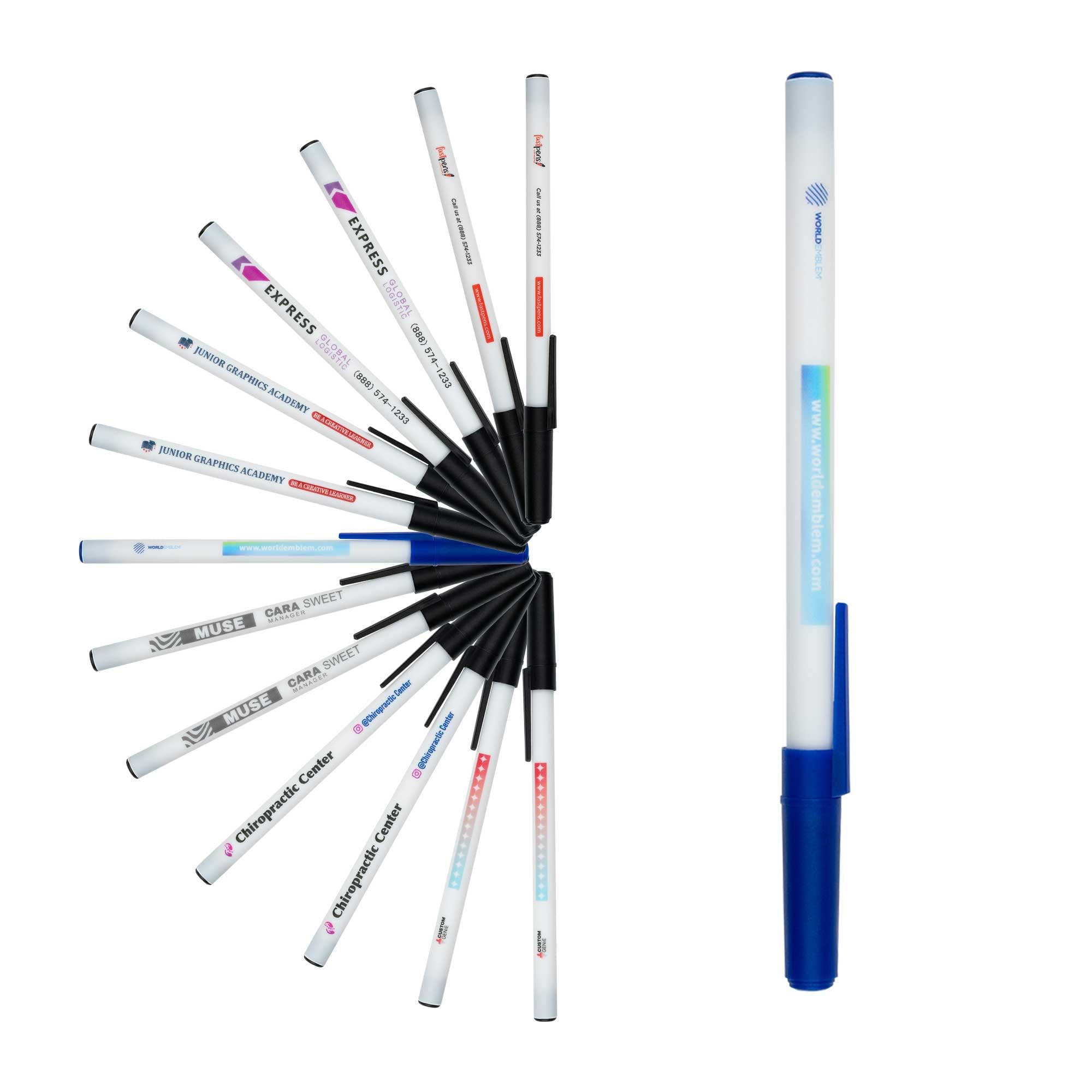 Custom Genie Value Stick Pens – Full-Color Logo Printed Ballpoint Pens with White Barrel and Removable Cap - Blue - Available in Packs of 1, 6, 12, 24