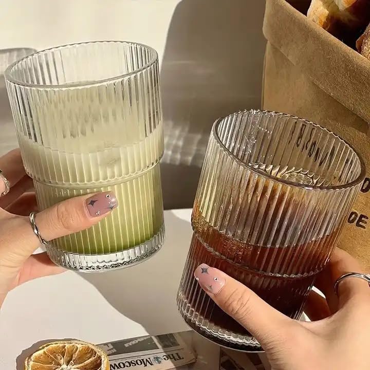 Image of WEZOSHINET 6 Pcs Ribbed Heat Resistant Drinking Glasses Cup with Vertical Stripes Pattern for Iced Coffee Cups Whiskey Cocktail Beer Water Glasses for Home Party Bar (190 ML /Set of 6)