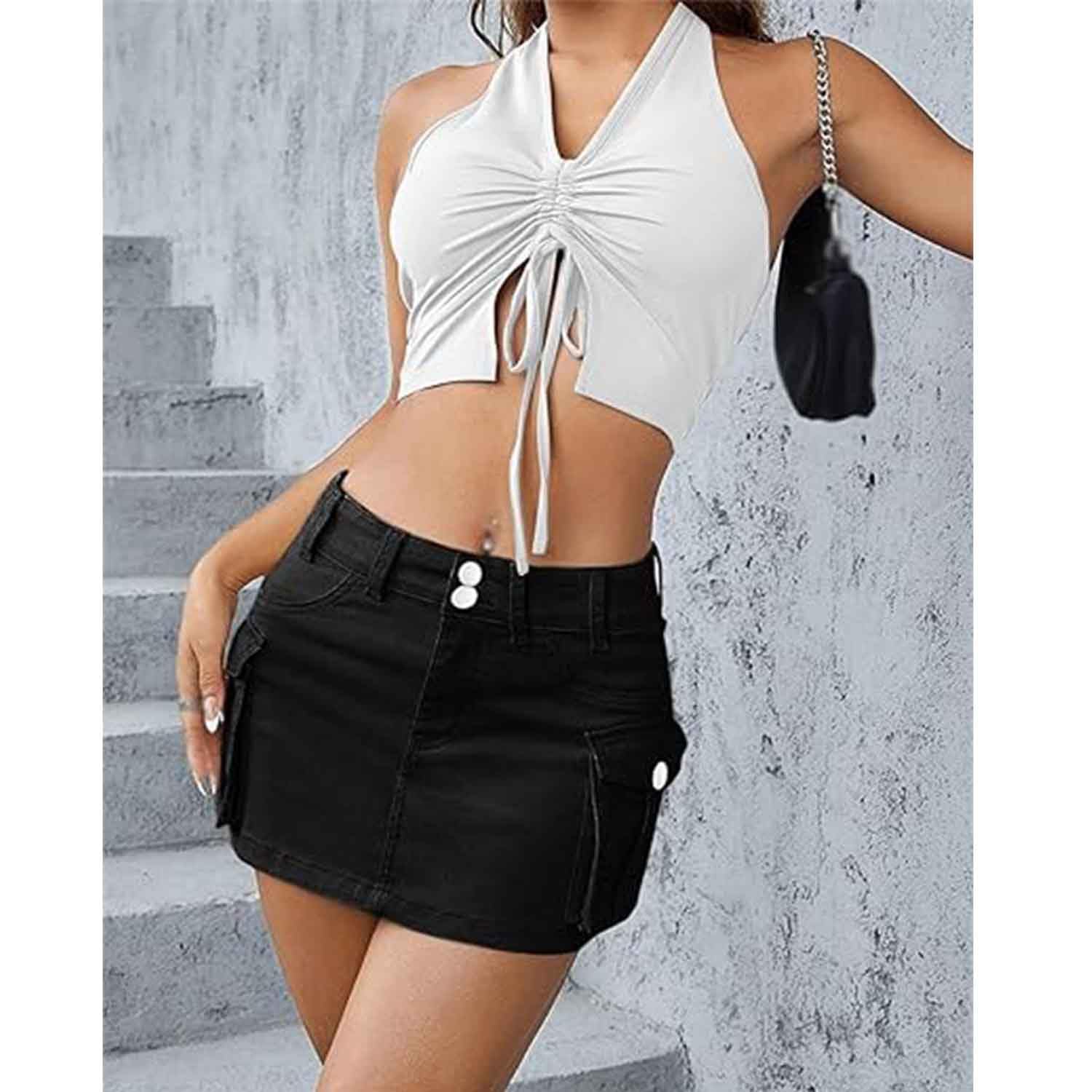Falda Tipo Cargo de Cintura Baja, Minifalda Vaquera con Botones para Mujer