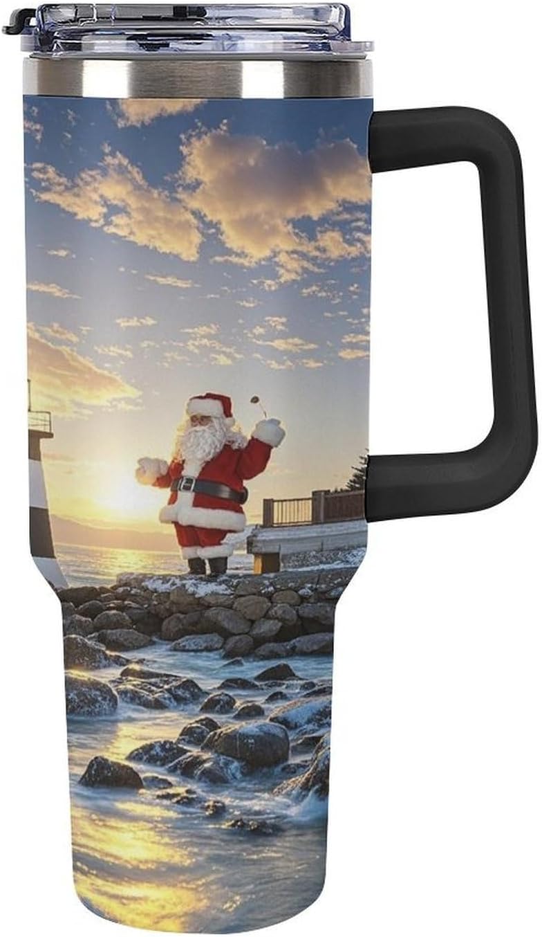 Santa Claus Lighthouse Travel Coffee Mug Reusable Durable Stainless Steel Insulated Tumbler with Handle And Straw Leak Resistant Portable Thermal Cup Gifts for Men Women 40 Oz