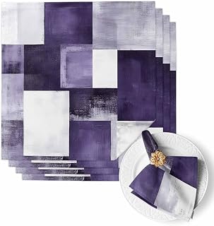 Cloth Napkins Geometric Purple White Graffiti Dinner Napkin Set of 4, Reusable Washable Soft Napkins for Party Wedding Hotel, Abstract Color Block Absorbent Napkin