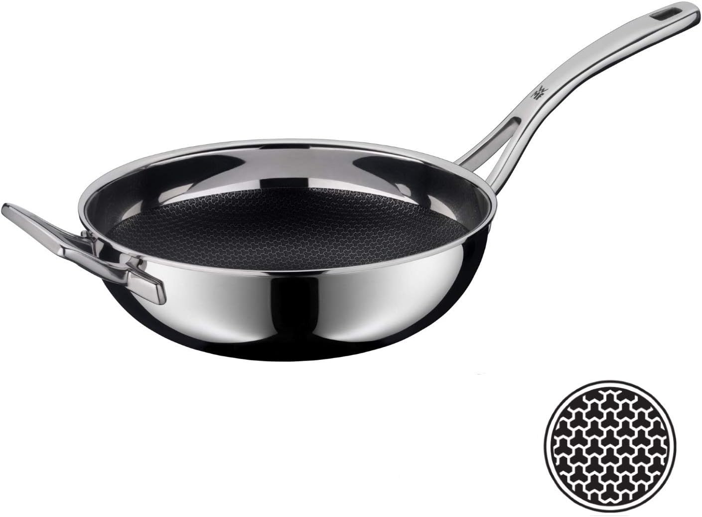 WMFProfessional Resist Wok Diameter Multi-layer Material Fully Coated Honeycomb Structure Plastic Handle Suitable for Induction Cookers Black Fully coated Black stainless steel, 28 cm