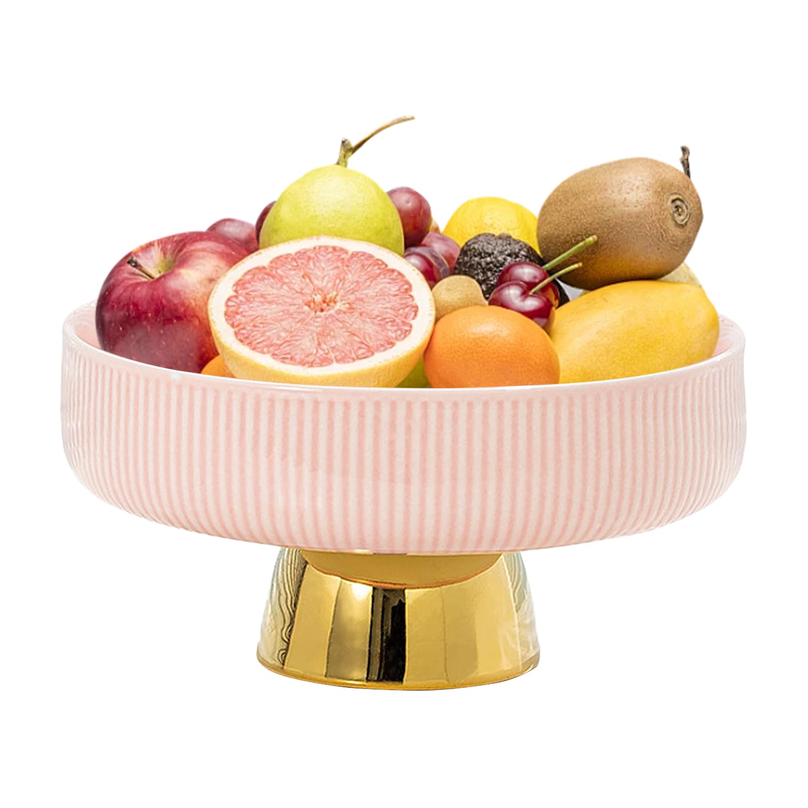Pedestal Fruit Bowl, 11 Inch Modern Display Tray with Gold Base for Home Decor, Heavy duty Ceramic Bowl for Kitchen Counter, Large Decorative Footed Bowl for Coffee Table Salad Breads Cakes (Pink)