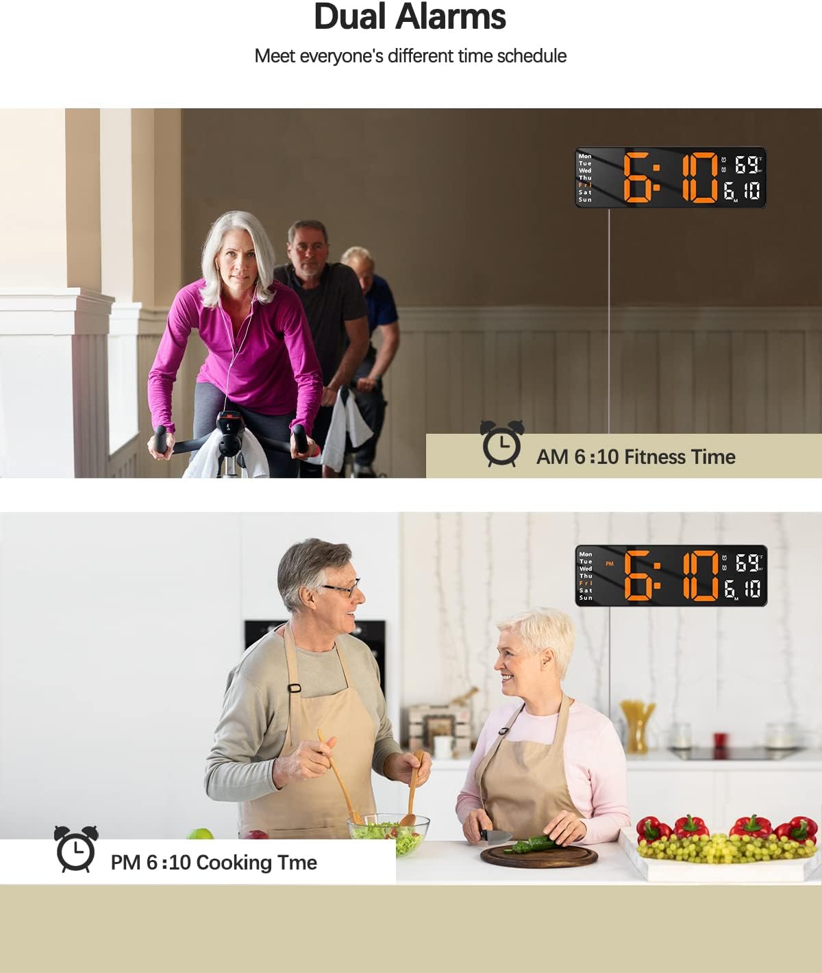 JoFomp Digital LED Wall Clock showing dual alarm settings for fitness and cooking.