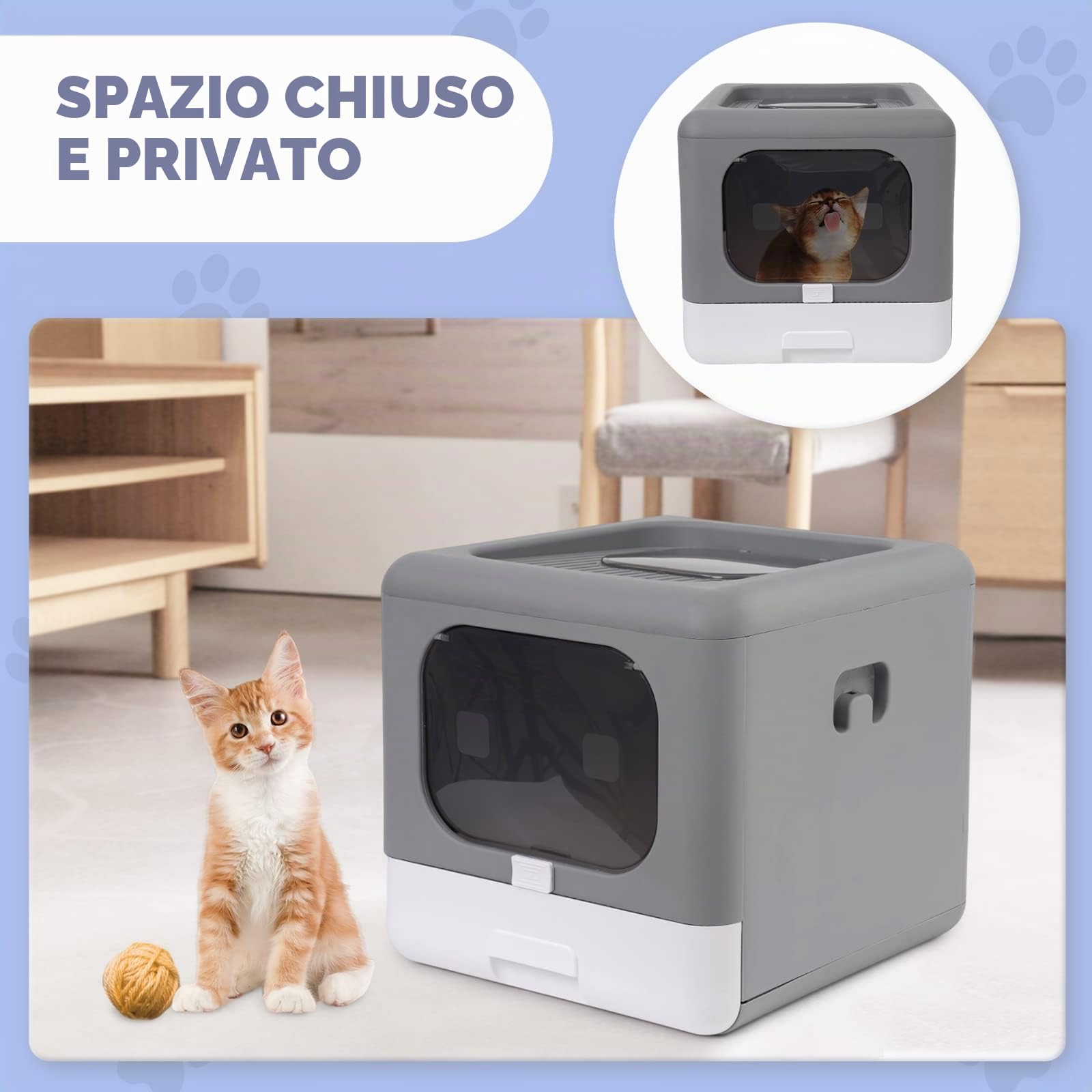 Lettiera gatto chiusa con coperchio, pieghevole e chiusa, con porta anteriore e ingresso dall'alto, facile pulizia, lettiera resistente agli spruzzi d'acqua (grigia)