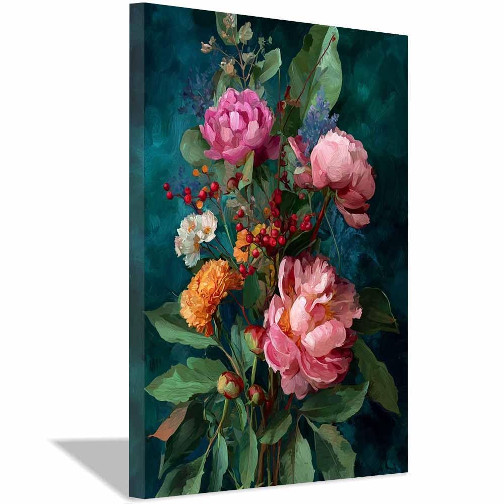 Hoqiu Multicolor Plant Poster Teals Background Peony Bouquet Modern Canvas Wall Art, Decorative Paintings, Canvas Painting Wall Art For Home Decor.(Multicolor)-70X100cm Framed