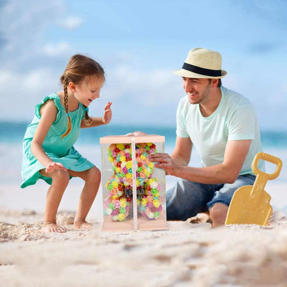 Hand Made Rose Bear Artificial Flower Gift for Mather's Day Birthday Valentine's Day with a 15" Pink Gift Box (Colorful)