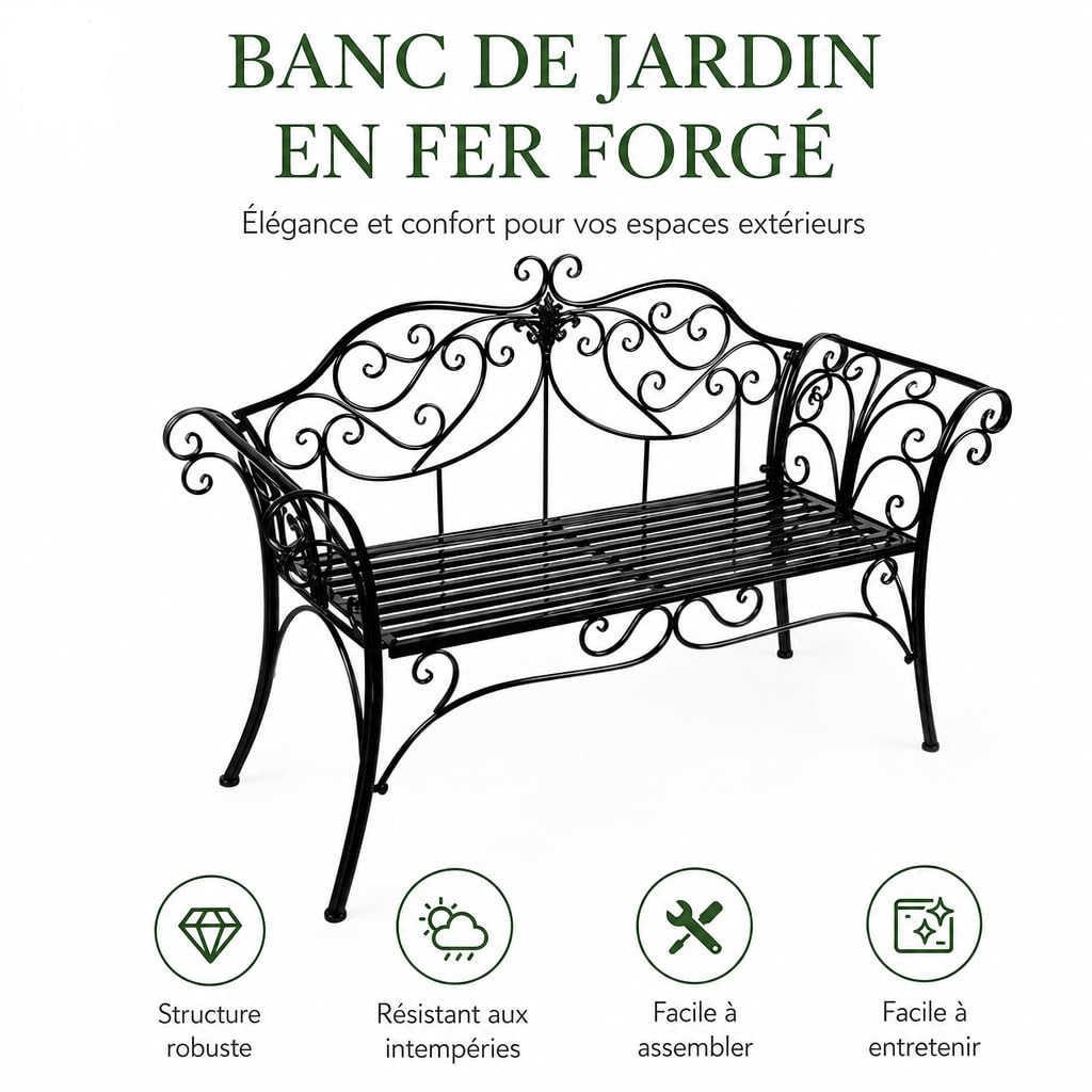 HLC Banc de Jardin pour l'extérieur 133 x 49 x 90 cm Banc Jardin rétro en métal pour 2 à 3 Personnes, idéal pour Jardin Balcon terrasse | En fer noir. Charge maximale : 200 kg. 133 x 49 x 90 cm