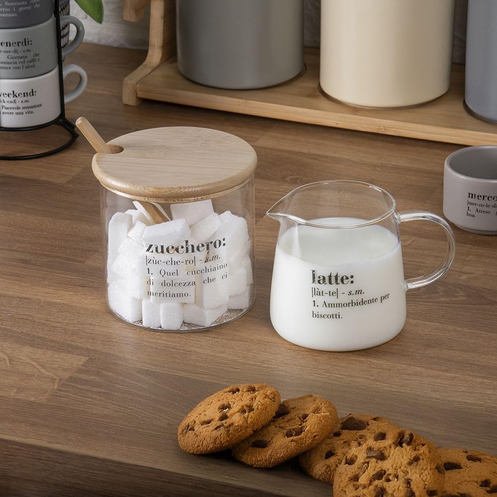 Villa d'Este Home Tivoli Victionary - Juego de jarra de leche y azucarero de cristal de 320 ml con tapa y cuchara de bambú transparente