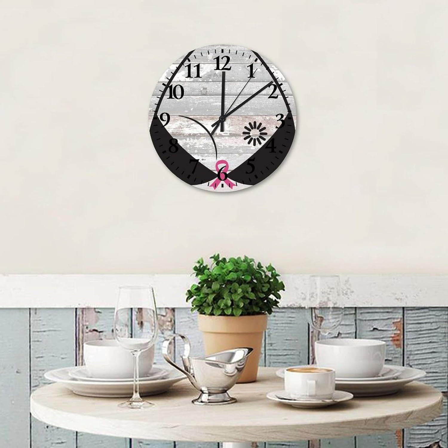 Wood Clock Breast Cancer Breast Pink Ribbon Fight Living Room Accessories Battery Operated Silent Non-Ticking Arabic Numbers Breast Cancer Survivor Round Clock for Living Room Office 12 Inch