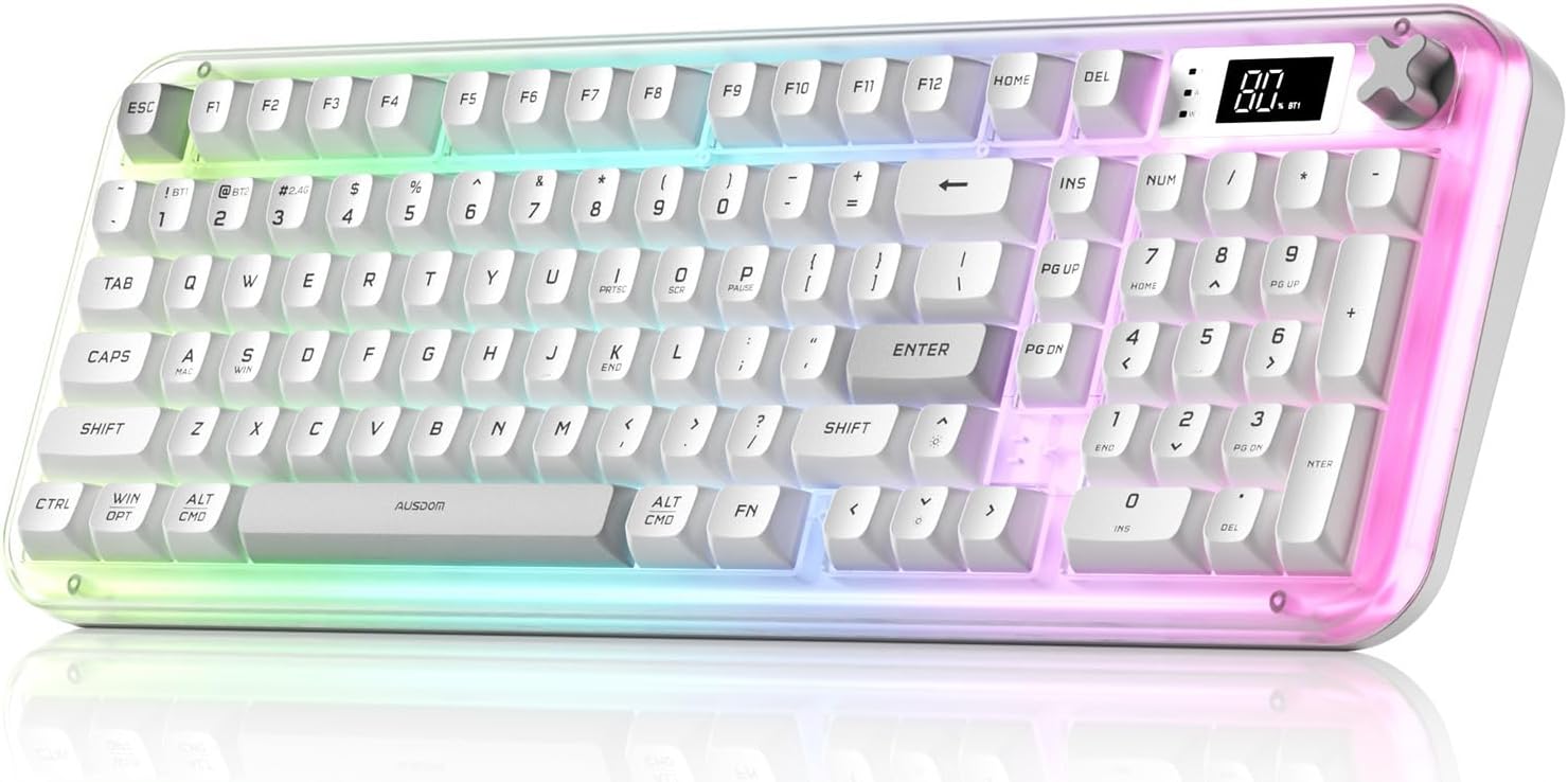 AUSDOM K98pro Wireless Silent Gaming Keyboard, Tri-Mode BT/2.4G/USB-C Computer Keyboard with Number Pad, RGB Backlit Media Knob Creamy Keyboard, White
