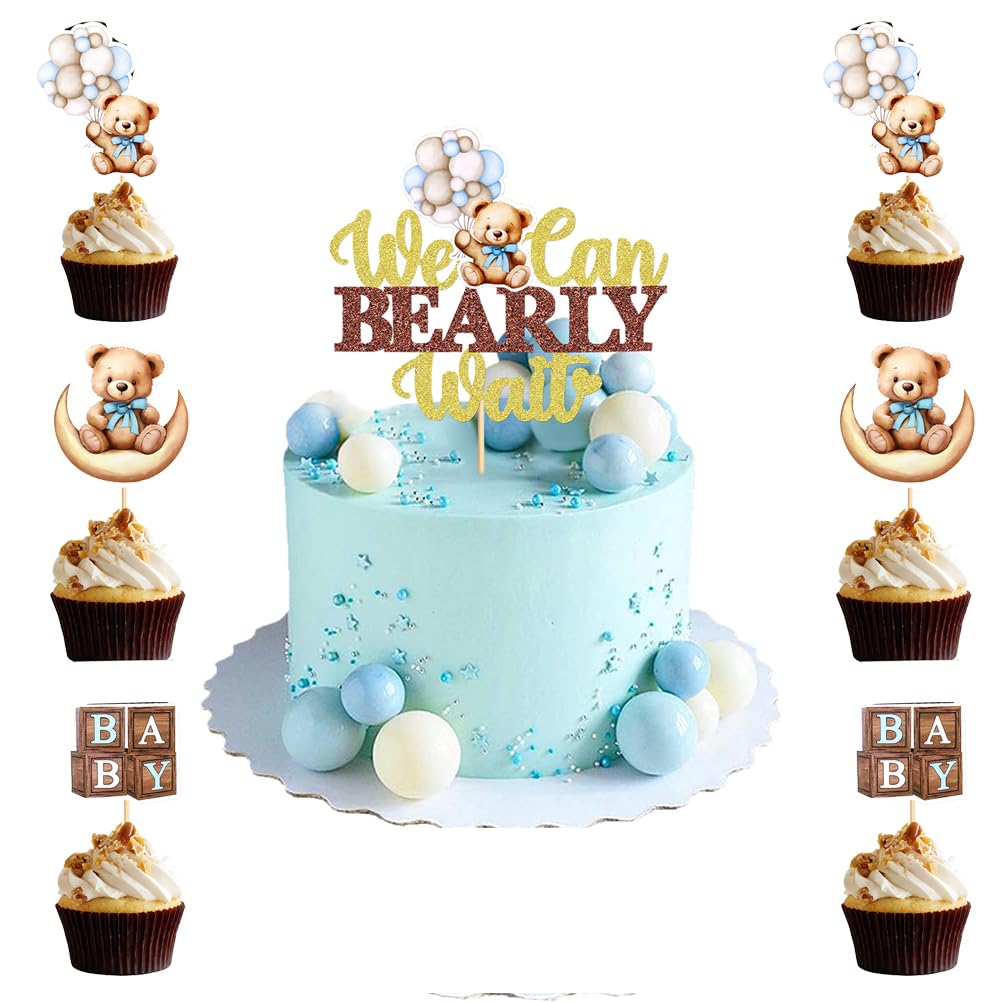 MiaLover 25 pieces Blue Bear Welcome Baby Topper Set Boy Baby Party Cake Cake Decoration Sweet Baby Bear Cake Decoration Baby Shower Boy Bear Cake Accessories Cake Decoration Baby Christening