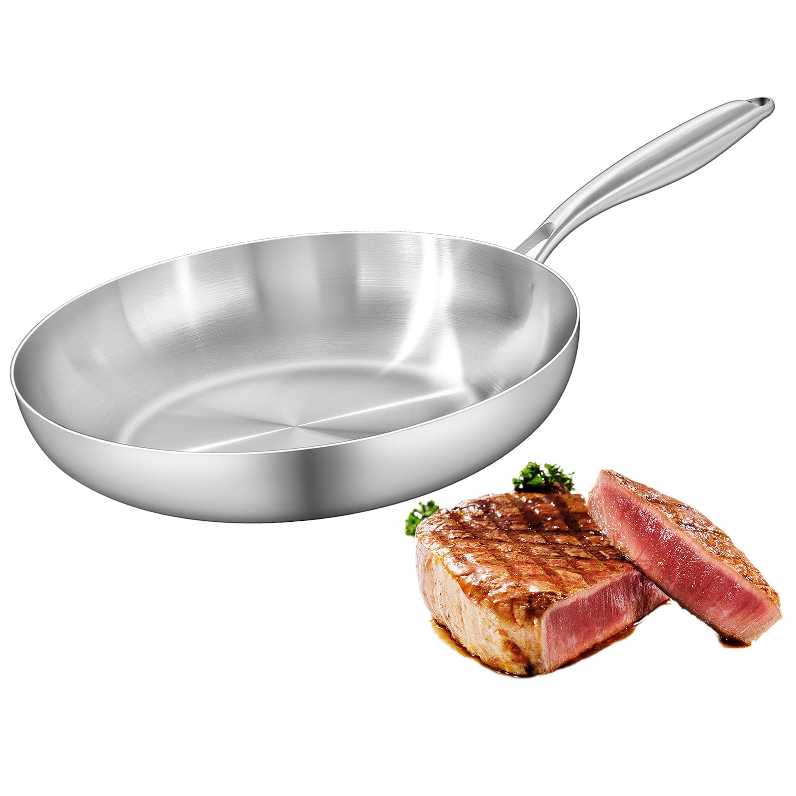 Padella in acciaio inox, 30 cm, a triplo strato, in acciaio inox, a induzione, universale, adatta per tutti i tipi di piatti, forno e lavastoviglie