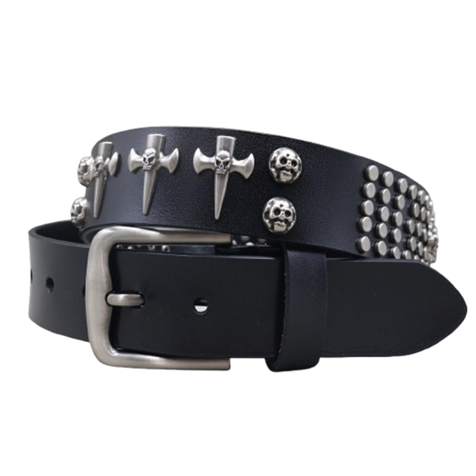 Punk-Style Gürtel mit Kreuz und Nieten-Totenkopf - Echtleder Gürtel für Herren, Vielseitiges Totenkopf-Nietengürtel, Passt zu Jeder Outfit-Kombination(105cm/41, Black)