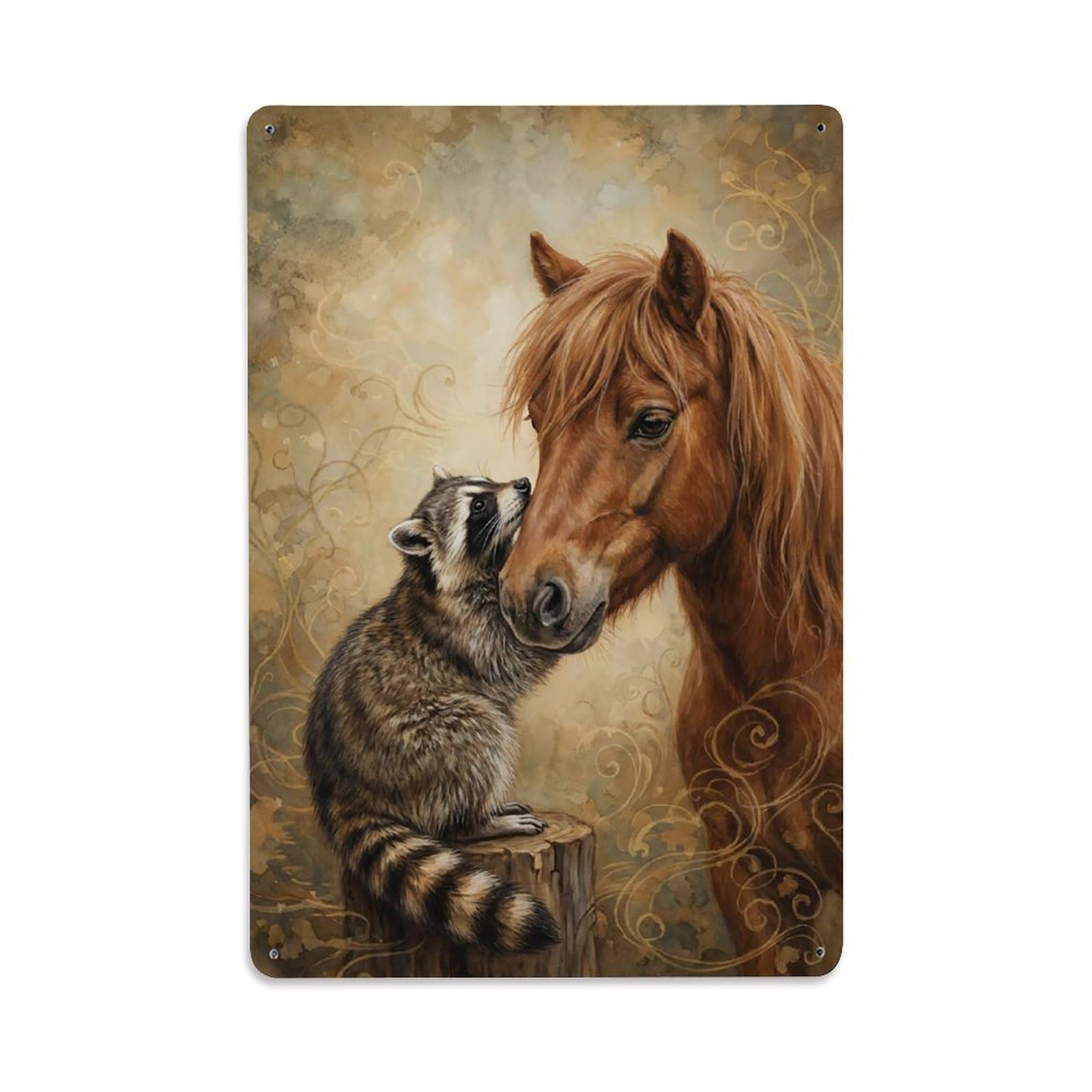Vintage Animal Cute Pony & Raccoon Animal Friendship Metal Tin Sign