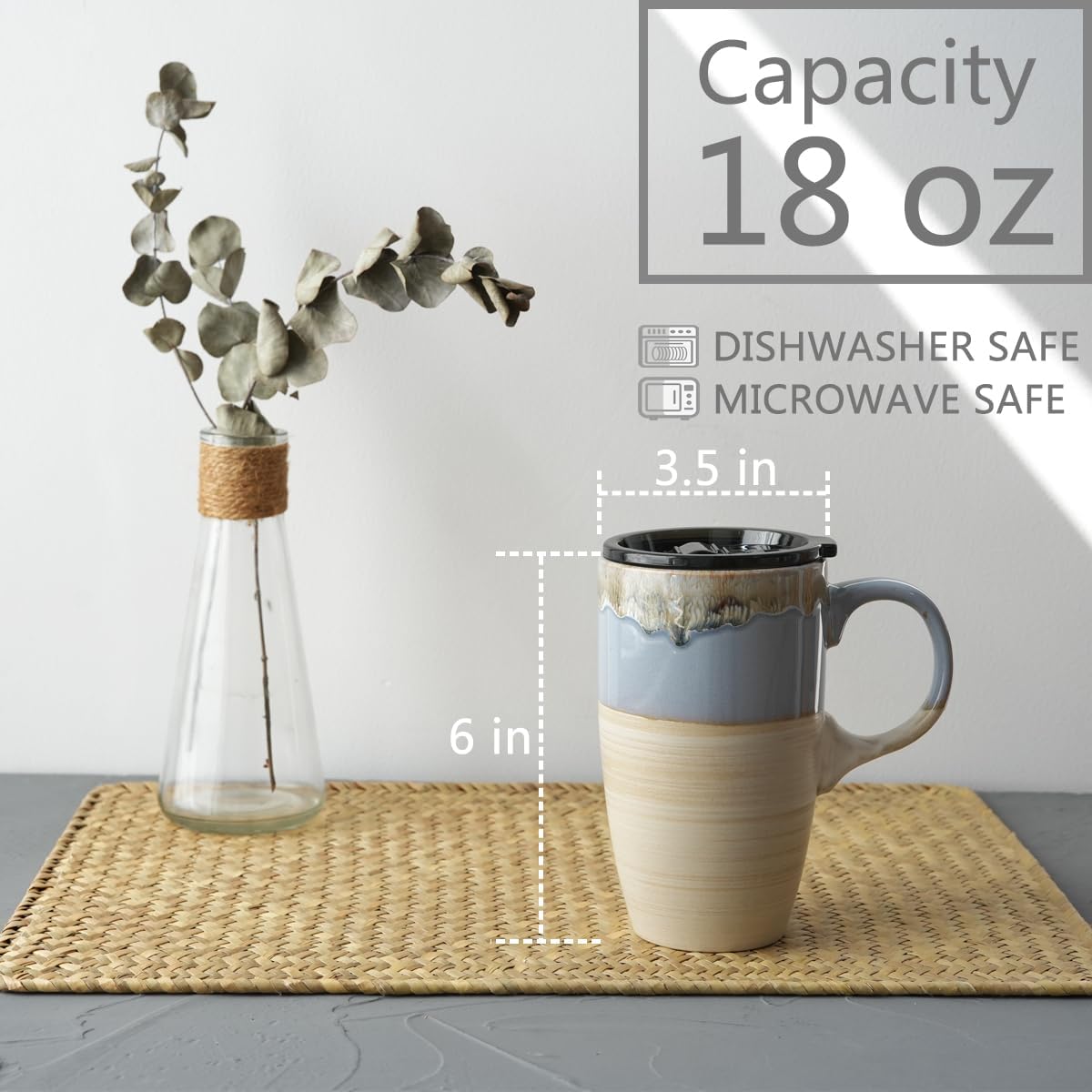 Bosmarlin Ceramic Travel Coffee Mug with Handle and Lid, 18 oz, Portable Coffee Cup for Car Cup Holder, Microwave and Dishwasher Safe, Reactive Glaze (Light Blue) - Image 2