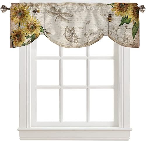 Miniatura 23 de Juego de cortinas semitransparentes con bolsillo para barra, cenefa y niveles de 36 pulgadas de largo, cortinas de arte abstracto de sol y arco