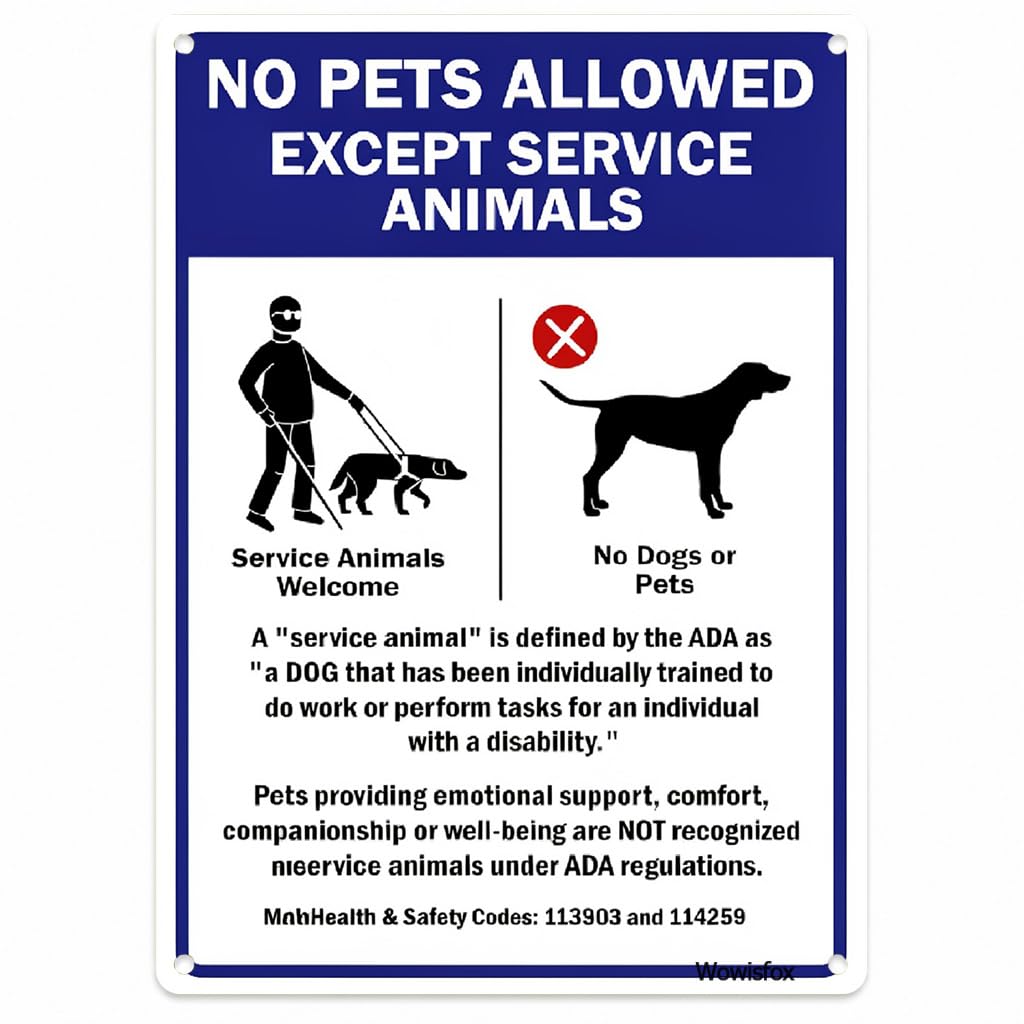 No Pets Allowed Except Service Animals Notice Sign, 8 x 12 Inch Aluminum