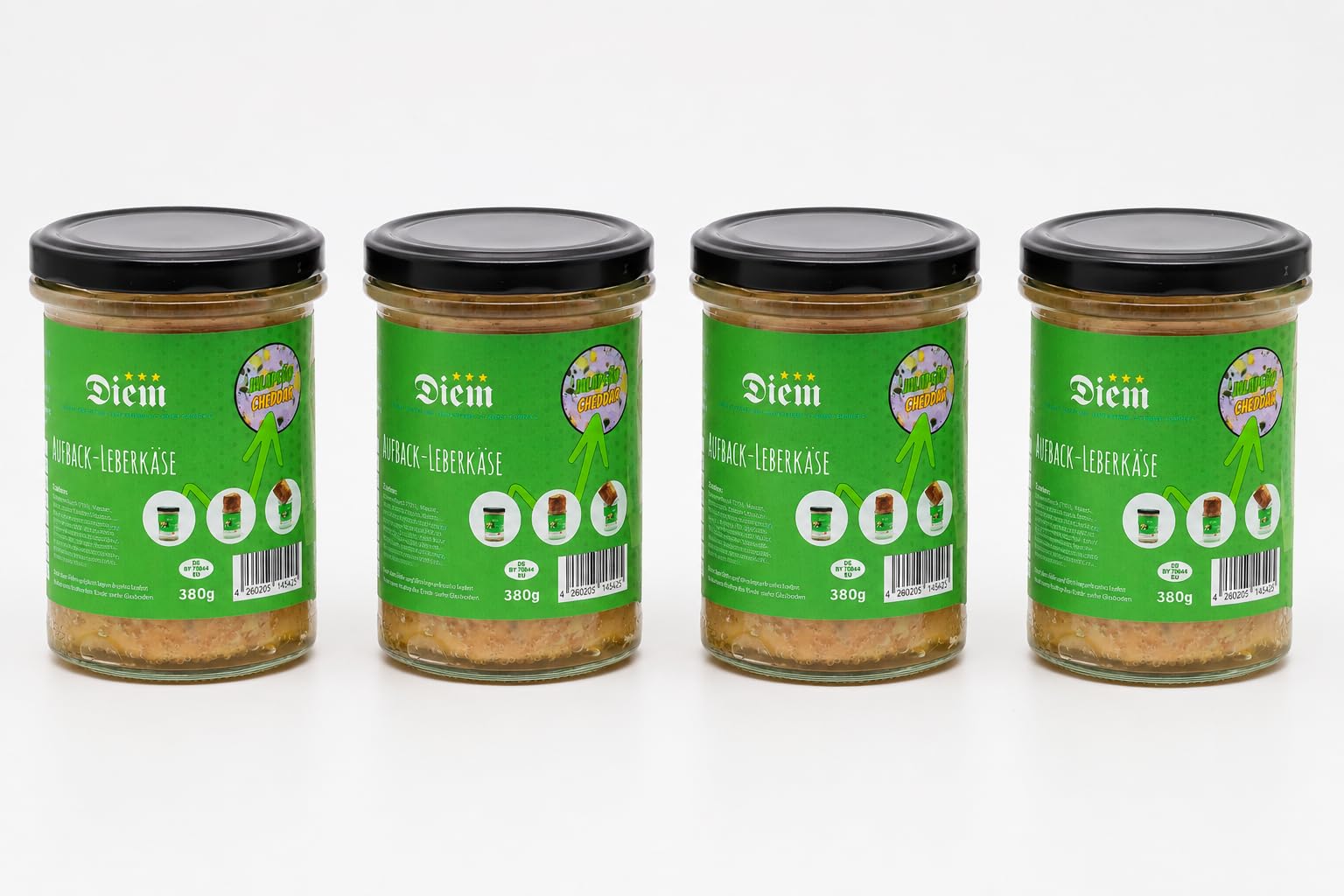 4x JALAPEÑO CHEDDAR LEBERKÄSE IM WECKGLAS 380G / CHILI CHEESE LEBERKÄSE - Aufack Leberkäse - Set - Ofenkäse - Konserve - Ration