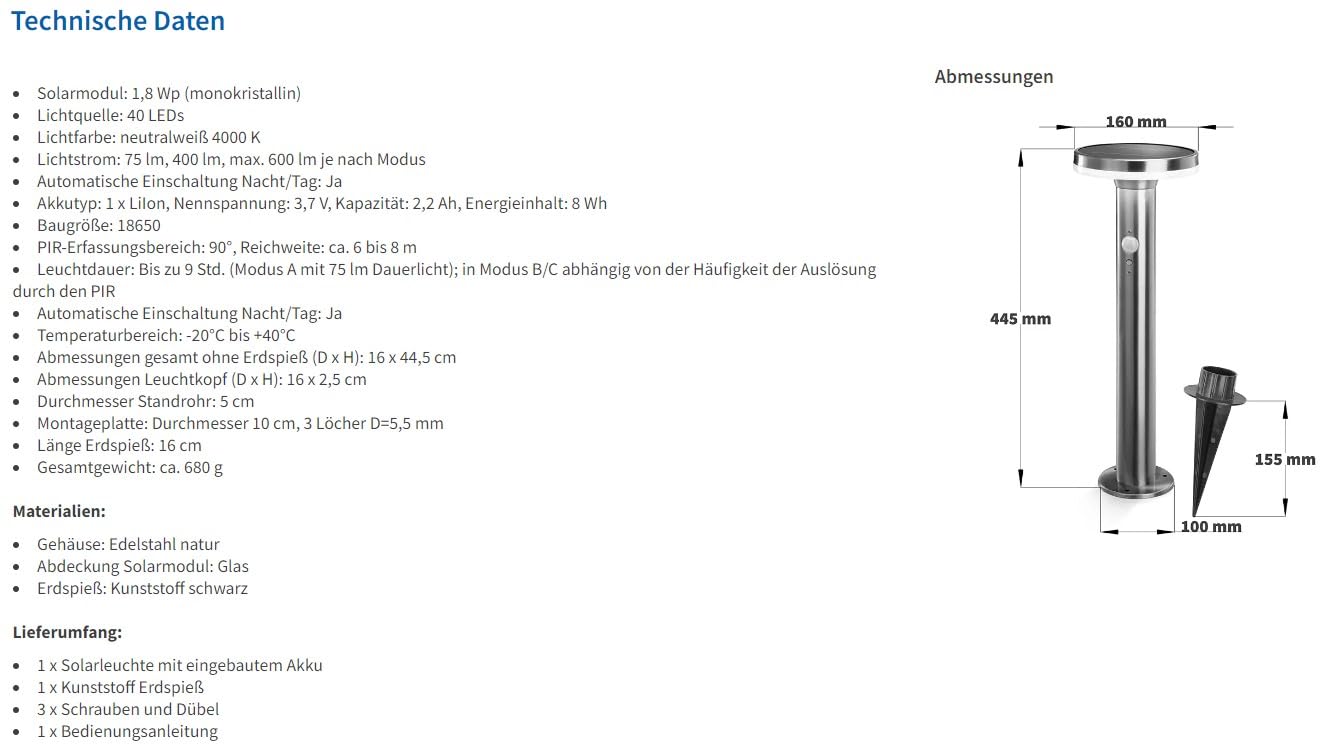 Esotec Solar Wegeleuchte Bewegungsmelder Lena 45 Pollerleuchte außen 102594