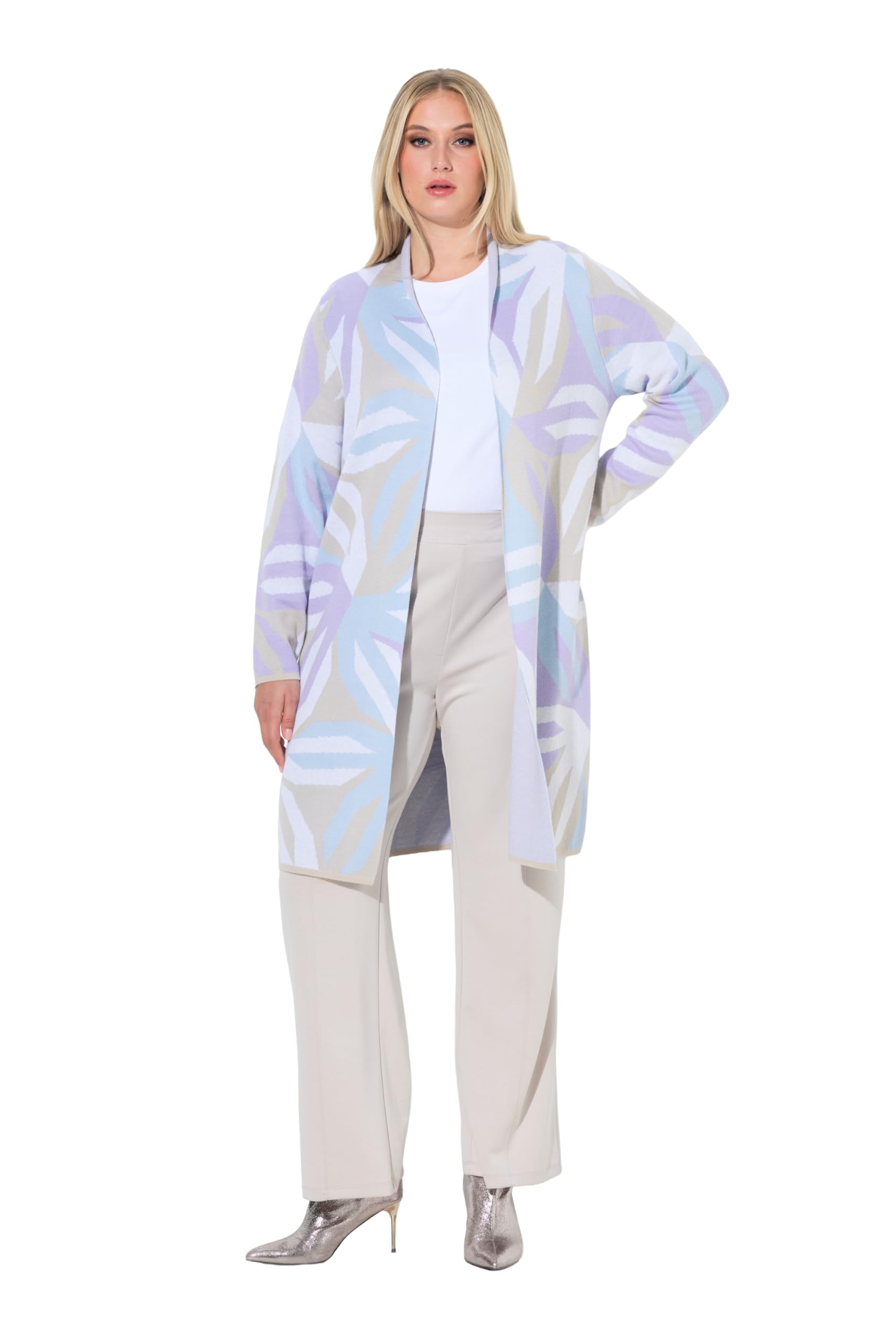 Ulla Popken Damen große Größen Übergrößen Plus Size Long-Strickjacke, grafisches Muster, Stehkragen, Langarm 847891