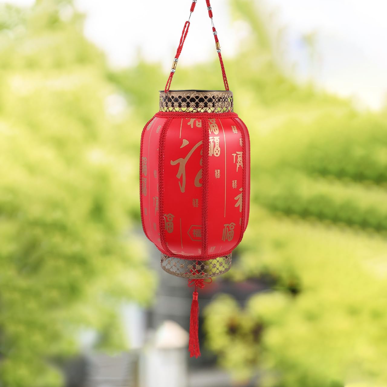 Lanterne solari da appendere, lanterne rosse fortunate con personaggi fu, per esterni, decorazione per patio, cortile, sentiero, giardino