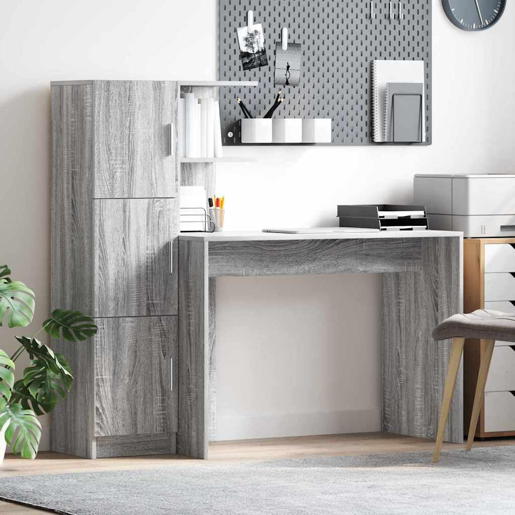 Scrivania Porta PC con Mobiletto, Set da 2 Pezzi Grigio Sonoma | Ideale per studio e ufficio, questo set include uno scrittoio con scaffali e un mobiletto a tre ante.
