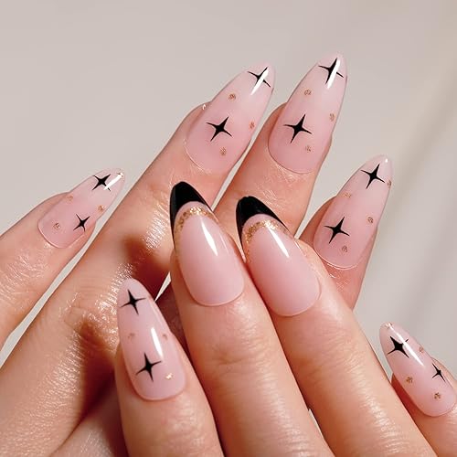 Miniatura 5 de BettyCora - Uñas postizas a presión de estrella francesa negra, tamaño mediano, almendra, para el Día de la Madre, 12 tamaños, 24 piezas, kit de
