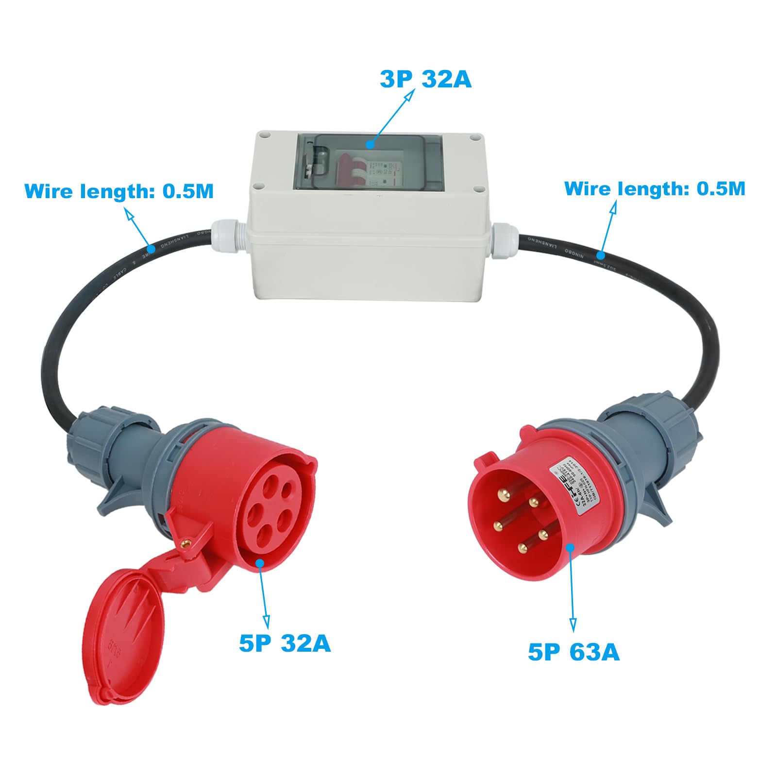 CEE Adapter 63 A 400 V wtyczka na 32 A 400 V sprzęgło z wyłącznikiem nadprądowym 32 A - IP44 CEE wtyczka H07RN-F 5G4/5G6 gumowy kabel zasilający 5 x 2,5 mm