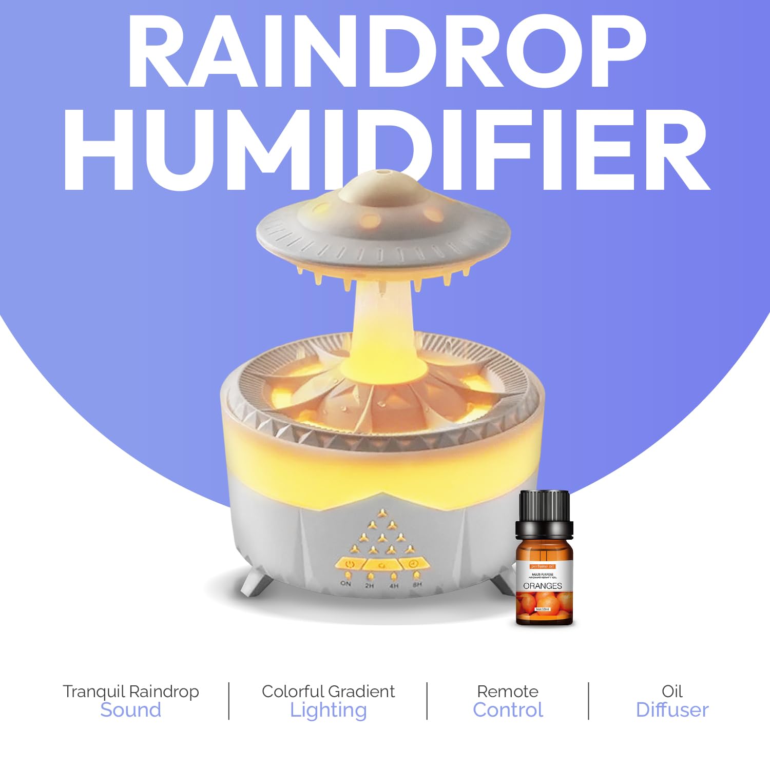 UFO - Humidificador de gotas de lluvia - Blanco - Humidificador de escritorio de aceite esencial para aromaterapia - Difusor de lámpara de escritorio de hongos con aceite de aroma 2