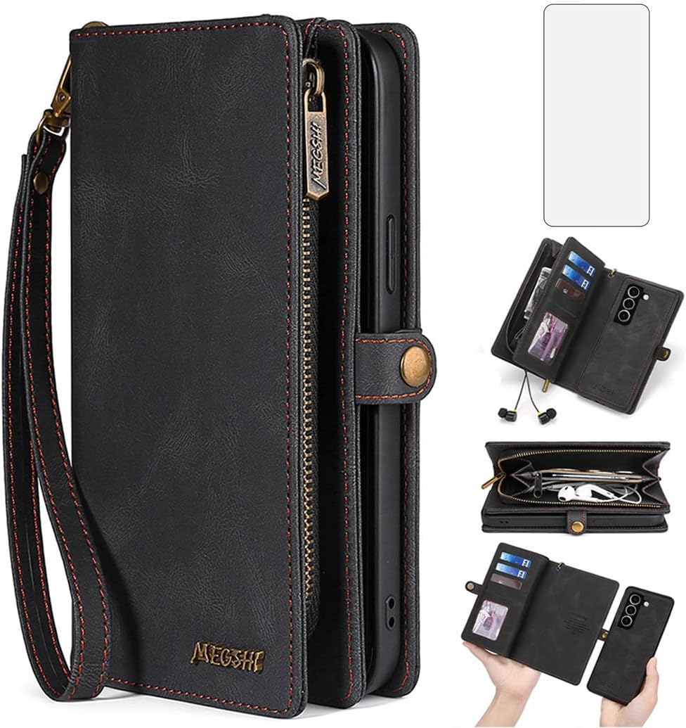 Asuwish Phone Case for Samsung Galaxy S23 Plus S23+ 5G Zipper Wallet Detachable Cover with Screen Protector and Leather Flip Card Holder Cell S23plus 23S + S 23 23+ SM-S916U 6.6 inch Women Men Black