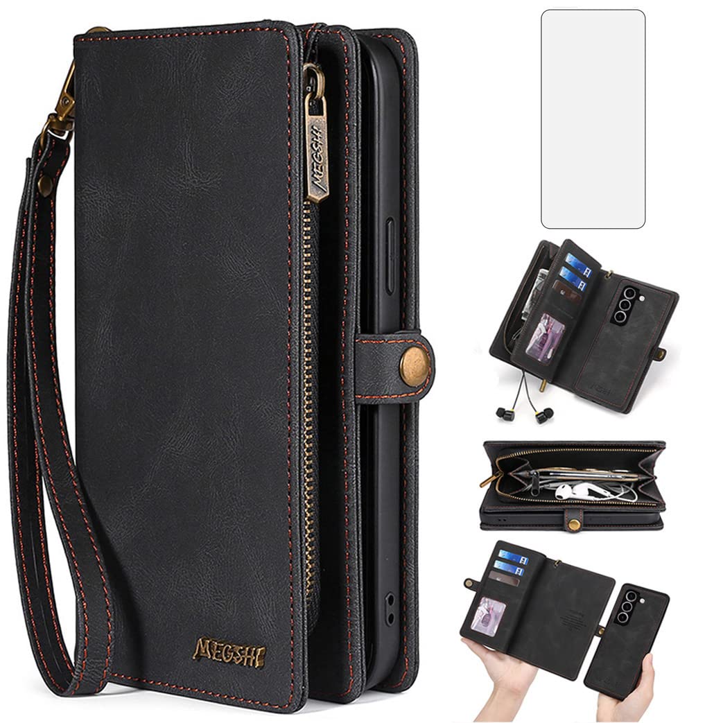 Asuwish Phone Case for Samsung Galaxy S23 Plus S23+ 5G Zipper Wallet Detachable Cover with Screen Protector and Leather Flip Card Holder Cell S23plus