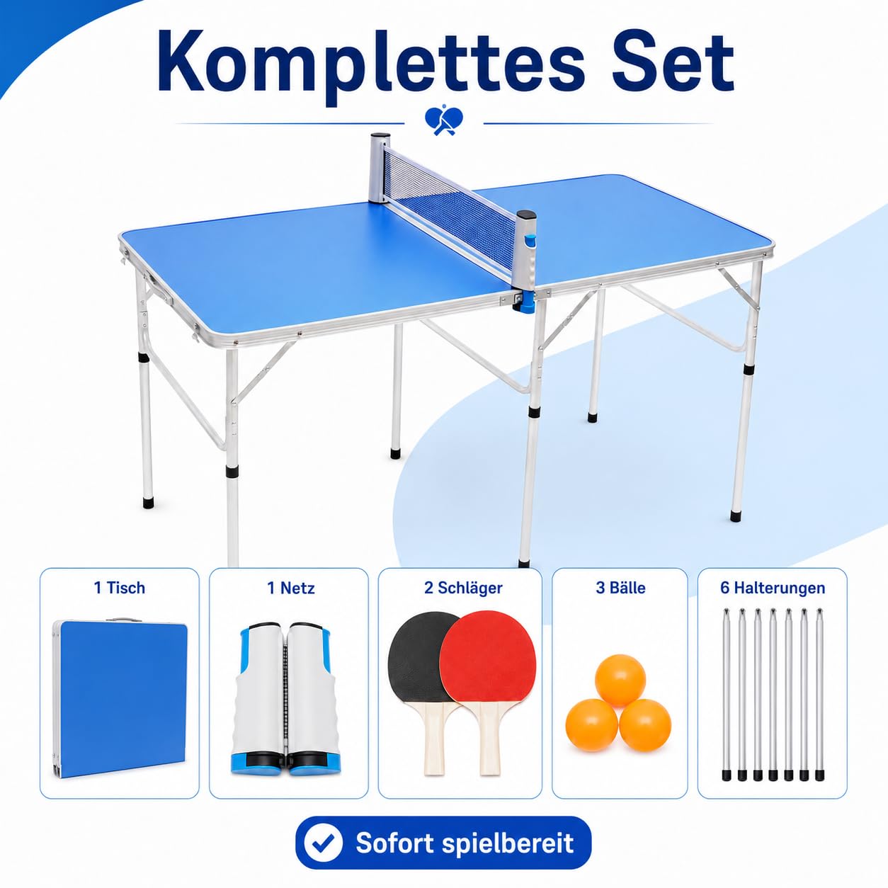 Set di mini tavolo da ping pong, pieghevole, per interni, con rete, 2 racchette e 3 palline, durevole e stabile, gioco per interni ed esterni, per casa e in viaggio (152 x 76 x 76 cm), blu
