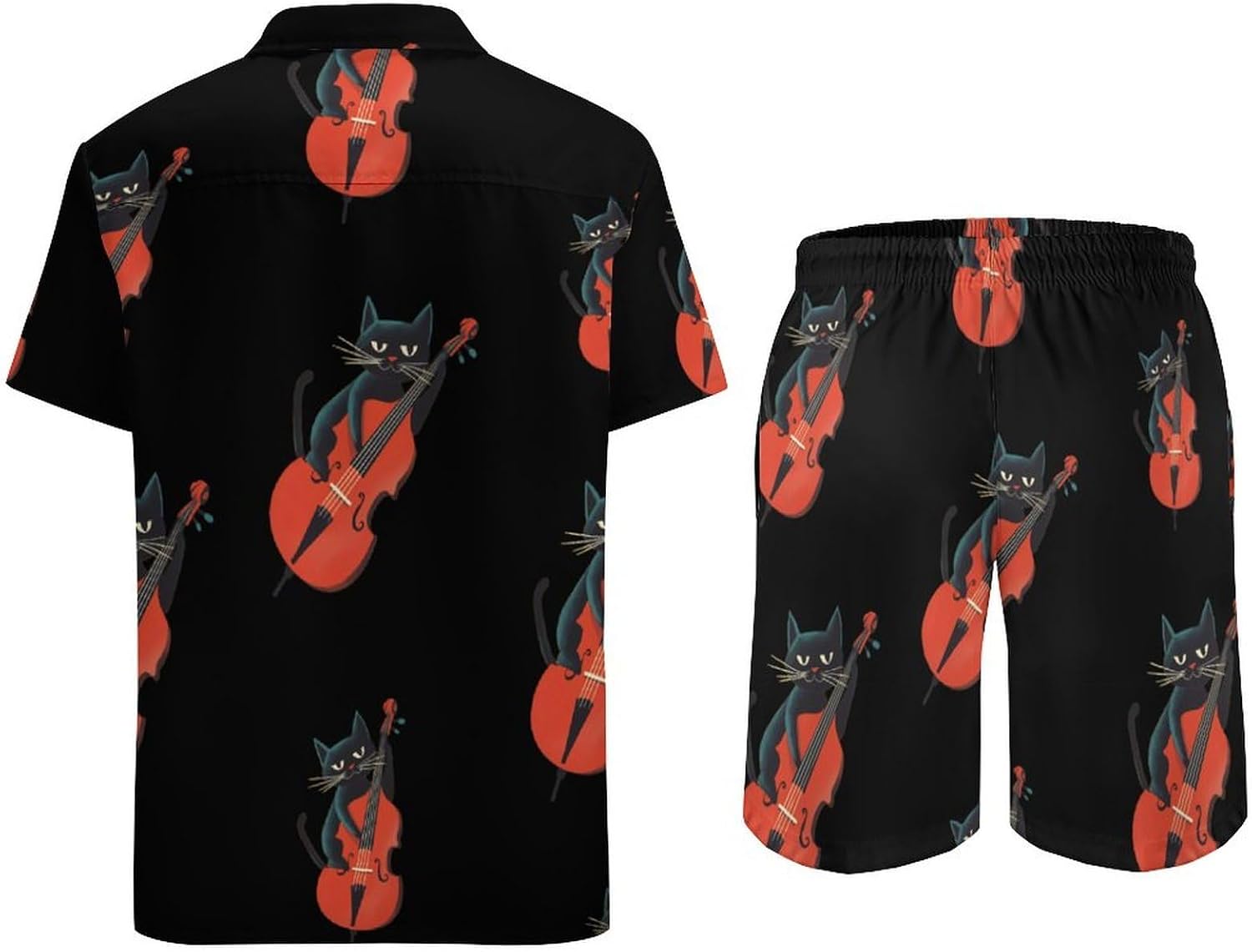 Black Cat Playing Violoncello Men's Summer Beach 2 Piece Outfits | hawaiian button down shirt and shorts,vacation cruise,mens bathing suit
