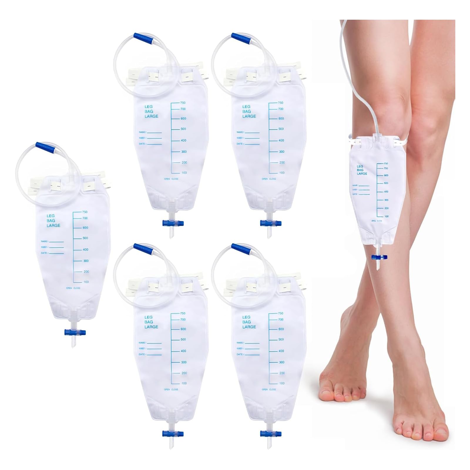 5 Bolsas de Orina de 750 ml para Las Piernas, Bolsa Sonda Vesical Pierna con 2Cintas de Tela, Tubo de 60 cm de Longitud y Válvula Antirreflujo, Bolsa de Urinario Catéter Pierna