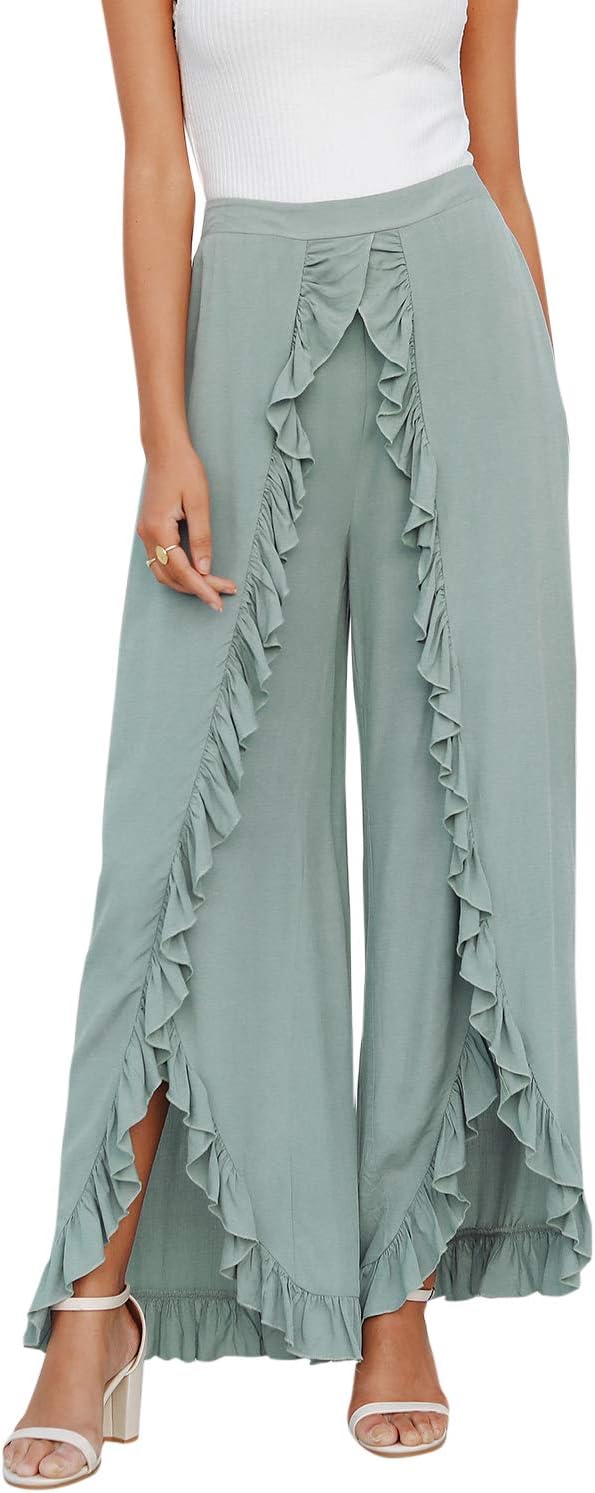 Women's Chiffon Stripe Wide Leg Pants Loose High Waisted Palazzo Pants (4/6, Green)